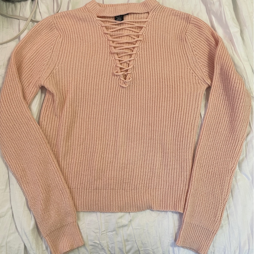 Poof pink lace up sweater